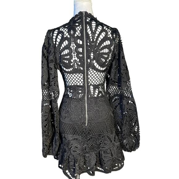 Showpo Black Lace Mock Neck Bare Midriff Puff Sleeve Ruffled Hem Mini Dress - Picture 2 of 9